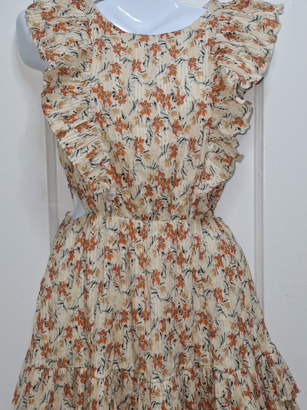 MINKPINK Floral Ruffle Mini Dress Side Cutout Cream Orange Size S NWT - Picture 15 of 17
